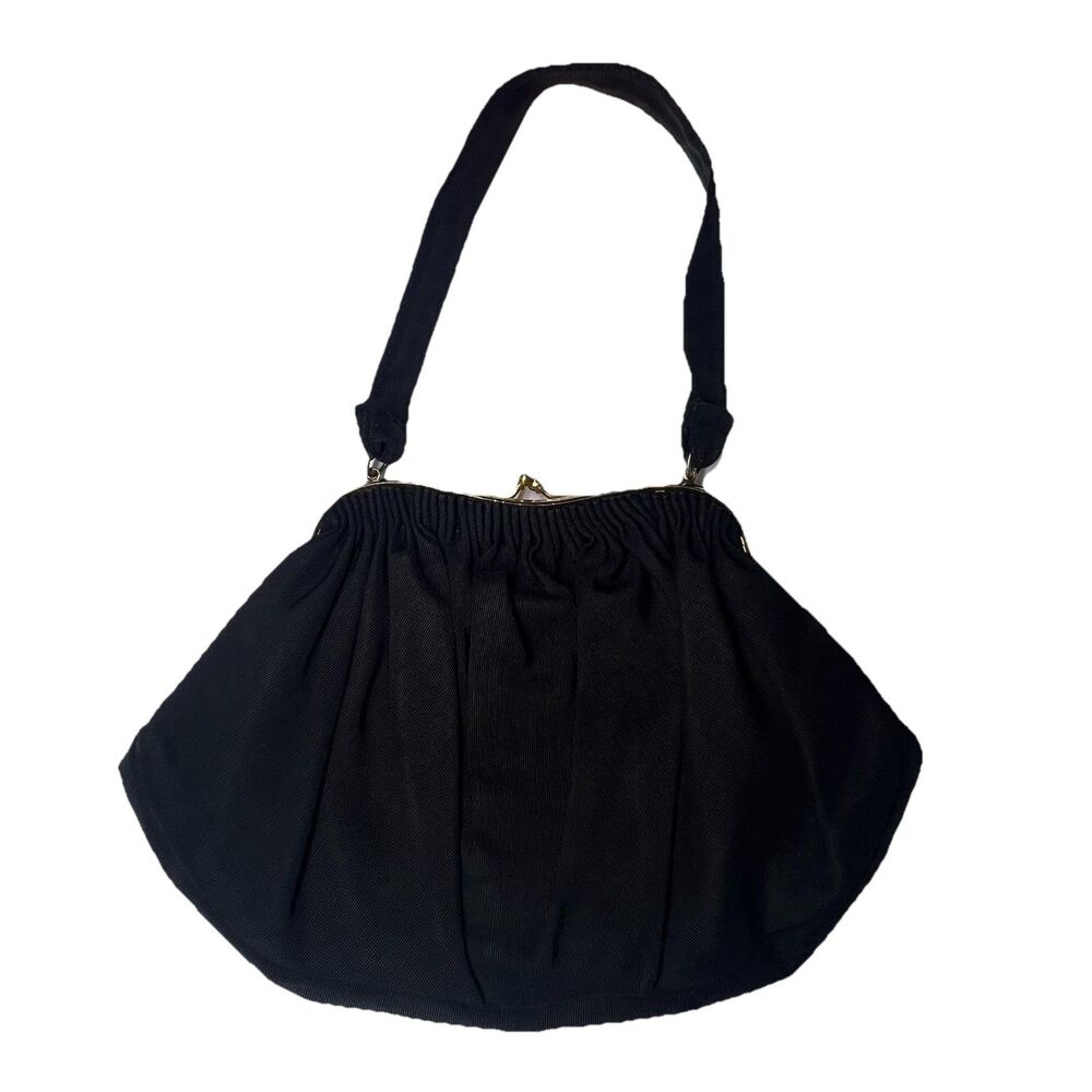 40s 50s Black Faille Evening Purse With Satin Lining Gold Clasp Frilo